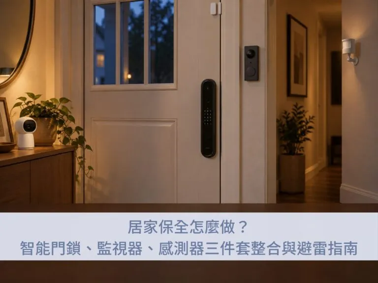 夜晚玄關的居家保全配置,大門裝智能門鎖,搭配監視器與門窗感測器